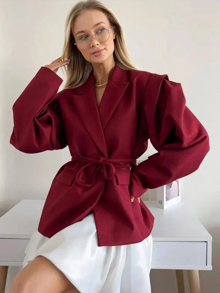 Lace Up Shoulder Pad Blazer Coat Women Elegant Turn-down Collar Long Sleeve Pockets Slim Fit Coats Chic Ladies Commute Outerwear