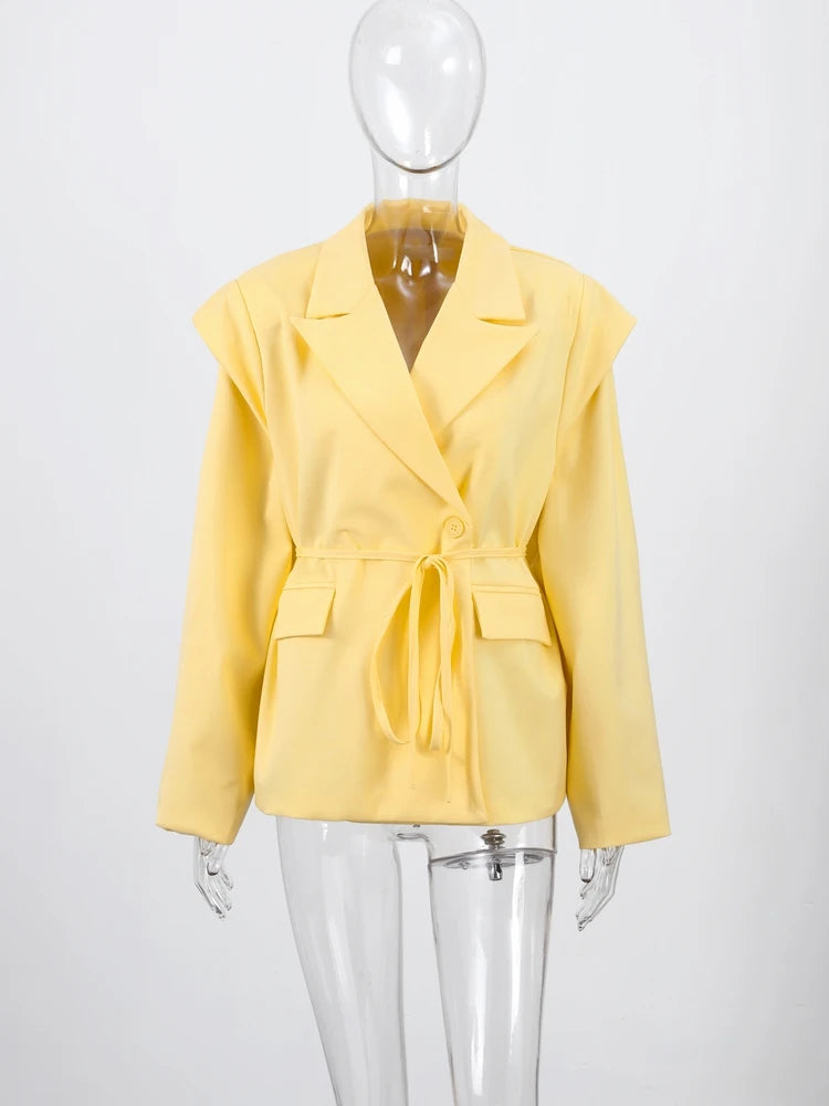 Lace Up Shoulder Pad Blazer Coat Women Elegant Turn-down Collar Long Sleeve Pockets Slim Fit Coats Chic Ladies Commute Outerwear