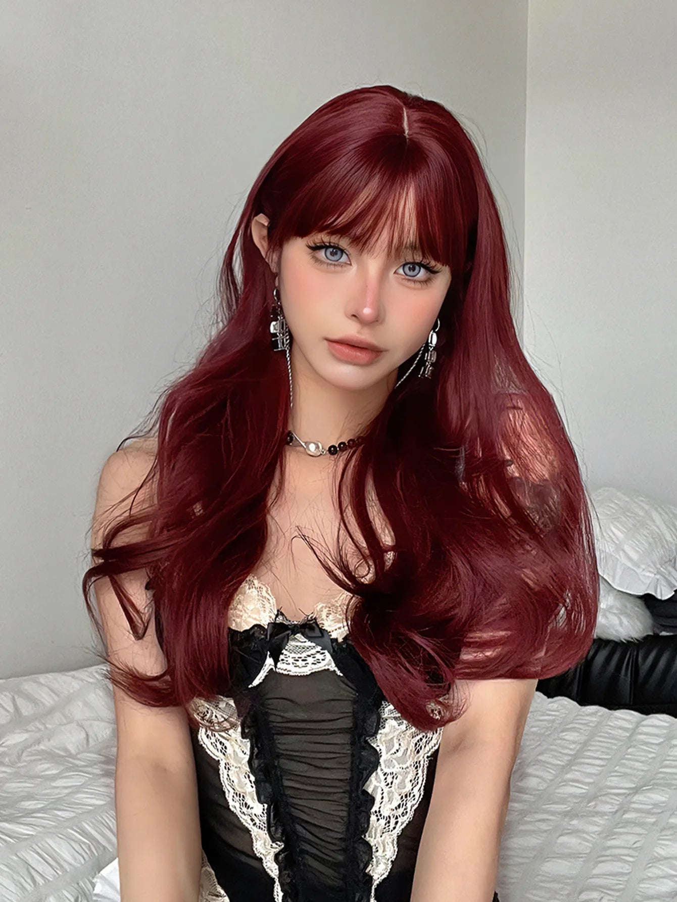 New Burgundy synthetic wig with bangs big waves long curly hair Cosplay party high temperature silk wig full head cover