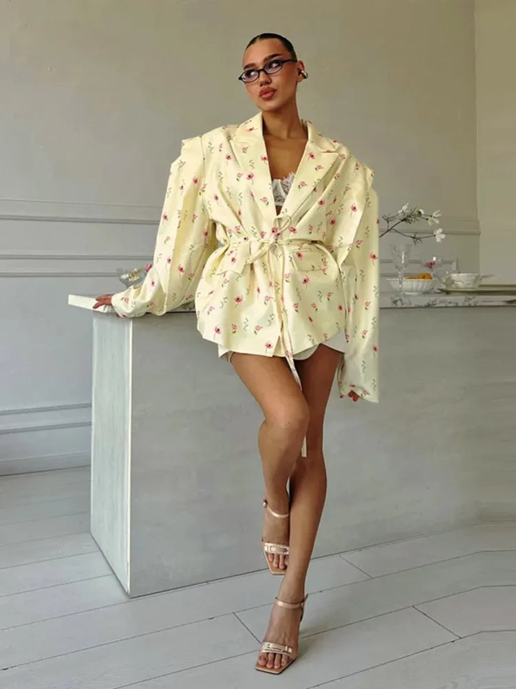 Lace Up Shoulder Pad Blazer Coat Women Elegant Turn-down Collar Long Sleeve Pockets Slim Fit Coats Chic Ladies Commute Outerwear