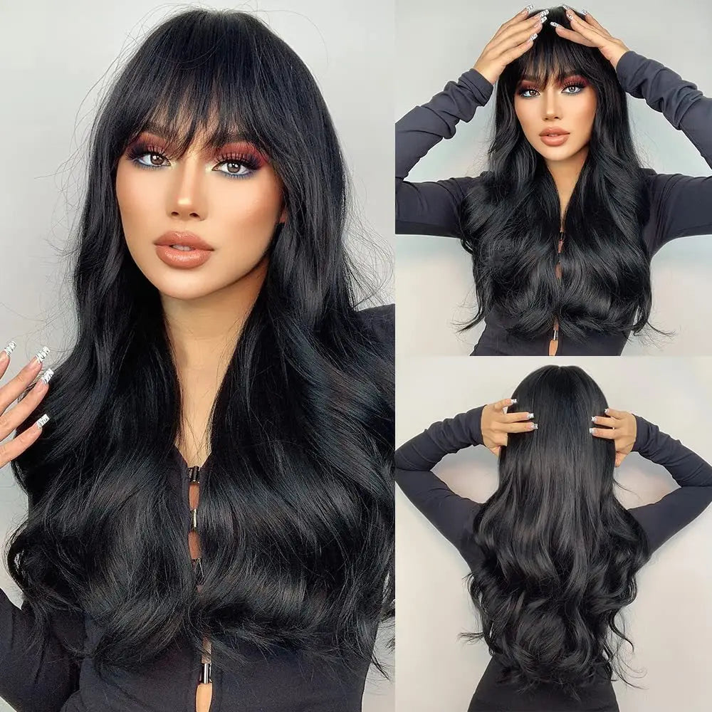 New Burgundy synthetic wig with bangs big waves long curly hair Cosplay party high temperature silk wig full head cover