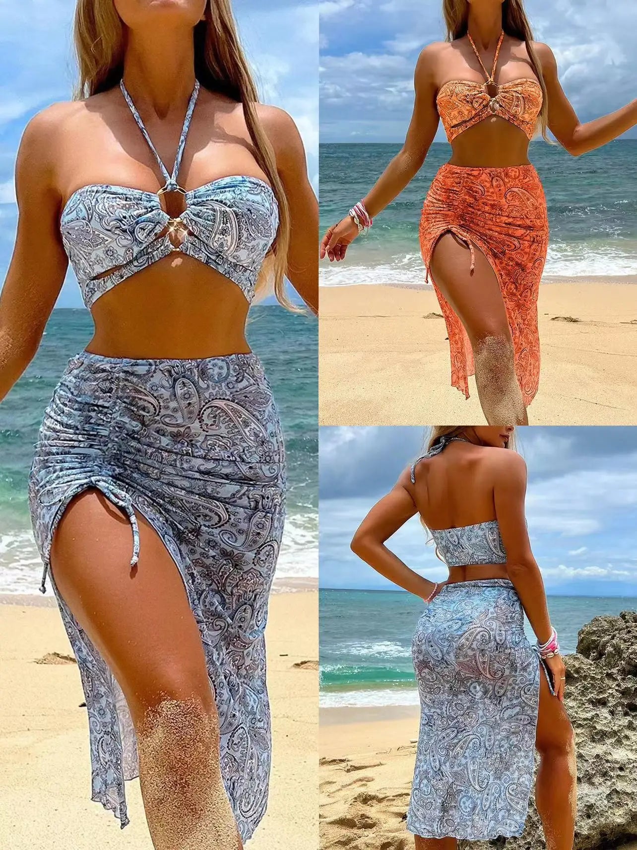 Women's Paisley Bikini Set Pareo With Skirt sarong Sexy Bohemian Beach Dress Beachwear Two-Piece Swimsuit Cover-Up Summer Outfit