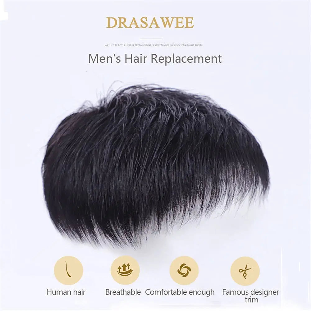 HAIRTIME Natural Black Mens Hair Topper Wig-4inch Short Human Hair Toupee with Secure Clips for Daily Use 16x18cm