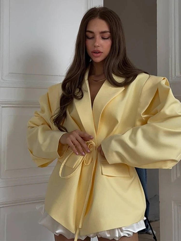 Lace Up Shoulder Pad Blazer Coat Women Elegant Turn-down Collar Long Sleeve Pockets Slim Fit Coats Chic Ladies Commute Outerwear