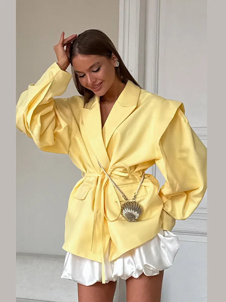 Lace Up Shoulder Pad Blazer Coat Women Elegant Turn-down Collar Long Sleeve Pockets Slim Fit Coats Chic Ladies Commute Outerwear