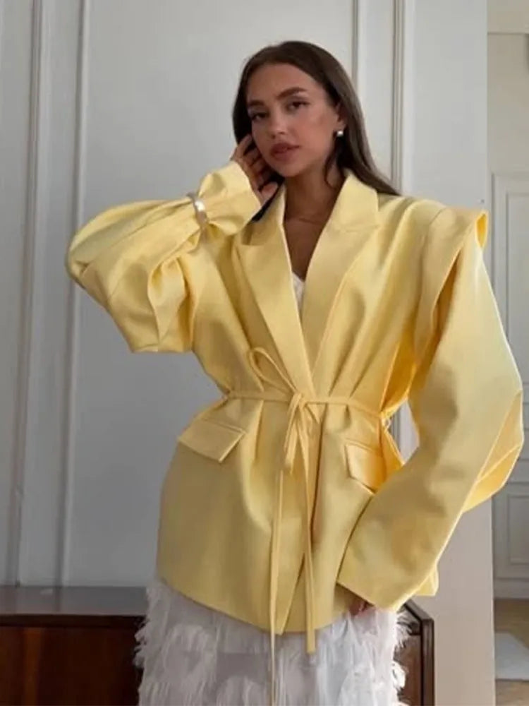 Lace Up Shoulder Pad Blazer Coat Women Elegant Turn-down Collar Long Sleeve Pockets Slim Fit Coats Chic Ladies Commute Outerwear
