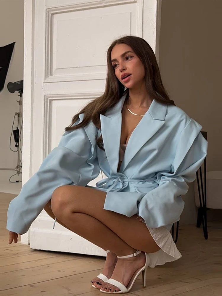 Lace Up Shoulder Pad Blazer Coat Women Elegant Turn-down Collar Long Sleeve Pockets Slim Fit Coats Chic Ladies Commute Outerwear