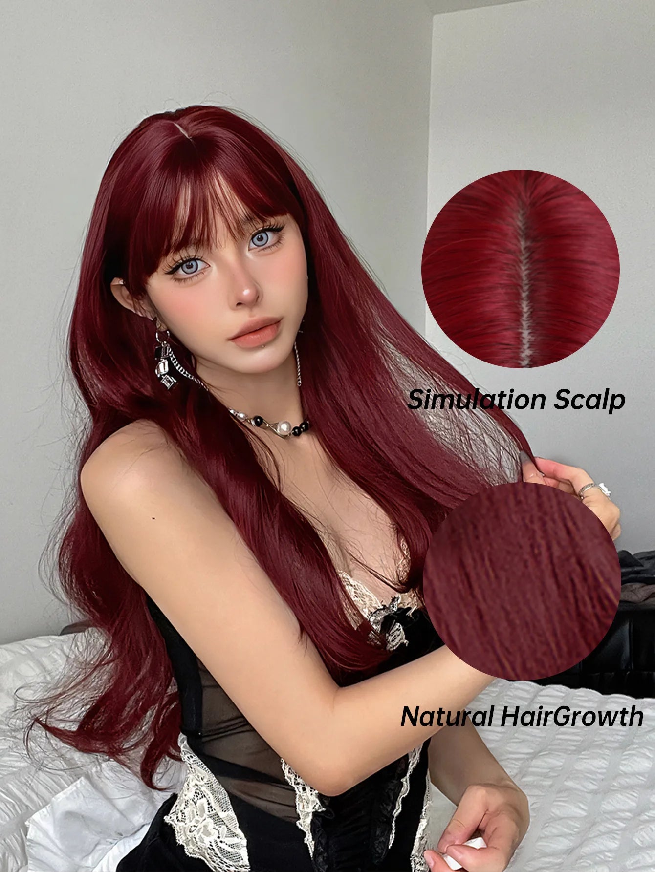 New Burgundy synthetic wig with bangs big waves long curly hair Cosplay party high temperature silk wig full head cover