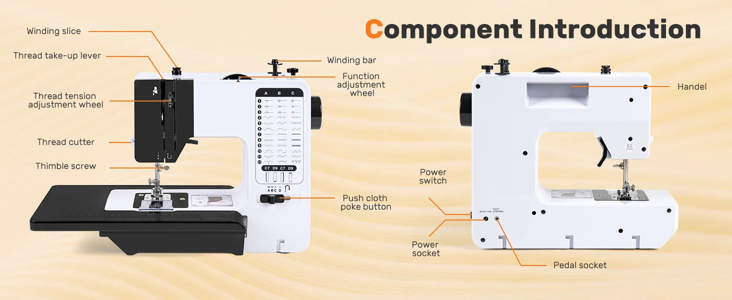 Mini Sewing Machine Portable Replaceable Presser Foot 38 Stitches Overlock Knitting Start Button Electric With Pedal Table