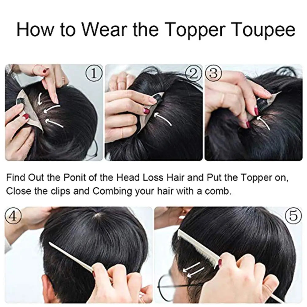 HAIRTIME Natural Black Mens Hair Topper Wig-4inch Short Human Hair Toupee with Secure Clips for Daily Use 16x18cm