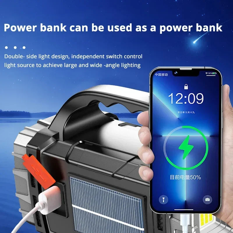 2024 Powerful LED Flashlight USB+Solar Rechargeable Flashlight COB Outdoor Camping Torch Portable Searchlight Power Bank Outdoor