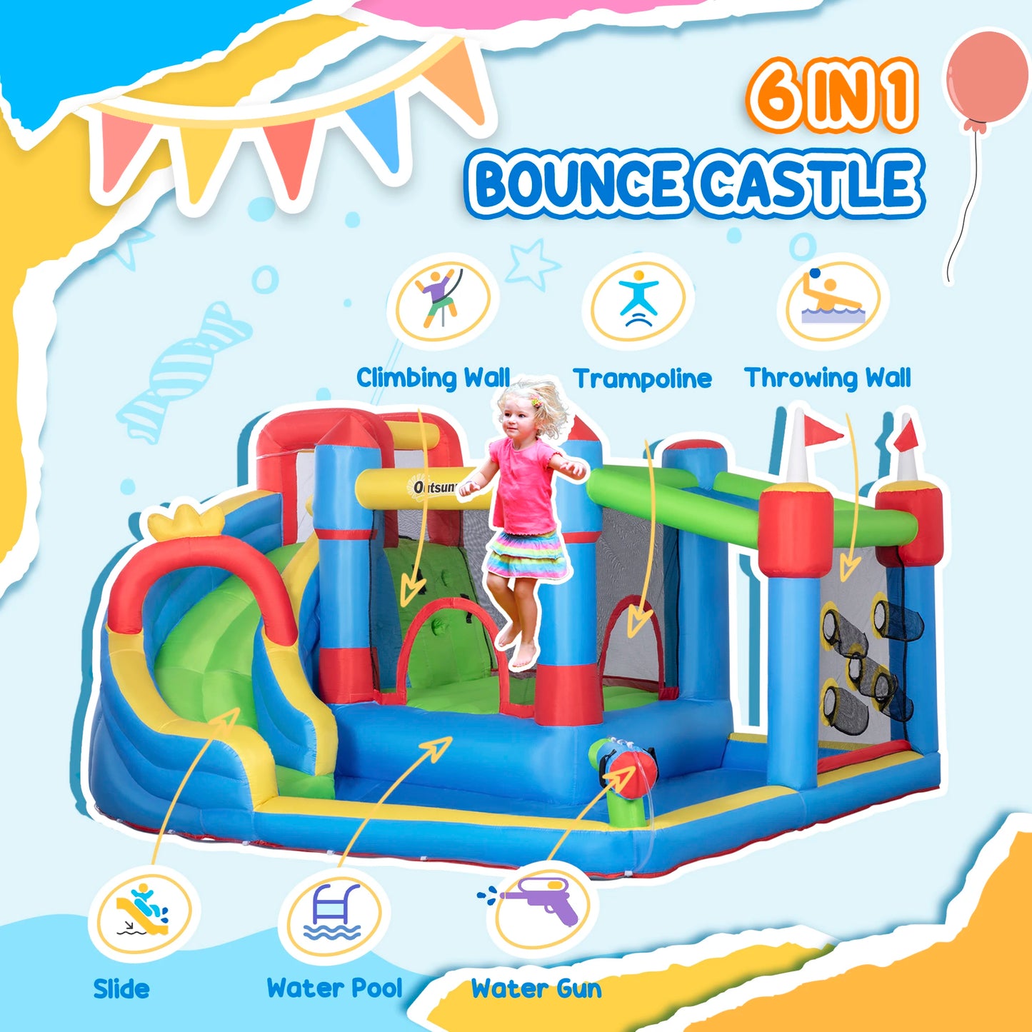 Inflatable slide water park trampoline bouncing house outdoor garden with sprinkler & Target games & Water gun & Ball