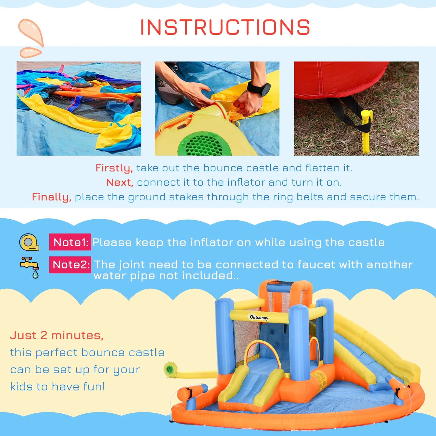 Inflatable slide water park trampoline bouncing house outdoor garden with sprinkler & Target games & Water gun & Ball