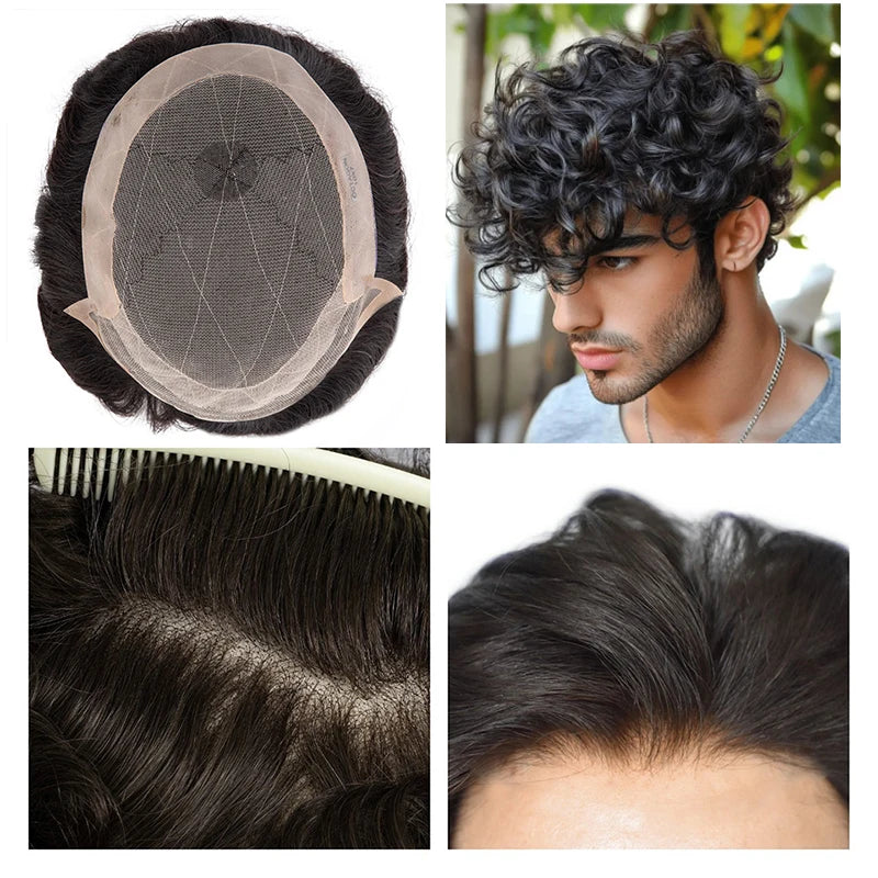 Lace Pu Toupee Hair Men 25mm Curly Wig Human Hair OCT French Lace Male Hair Prosthesis Natural Man Wig Hair System Wig For Men