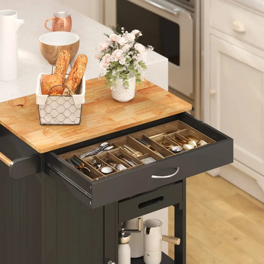 Kitchen Island Cart with Three-Tier Storage Rack, Microwave Cart with Removable Tray for Dining Room, Black