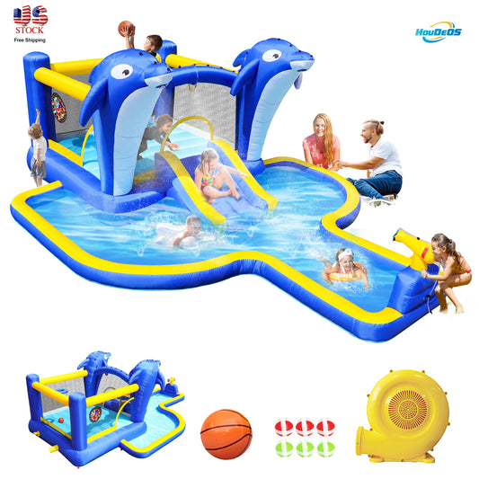 Inflatable slide water park trampoline bouncing house outdoor garden with sprinkler & Target games & Water gun & Ball