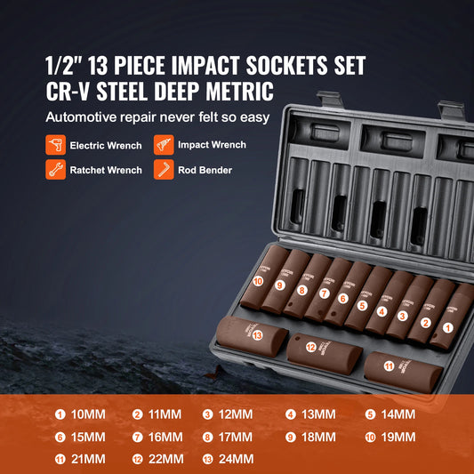 VEVOR 1/2" 3/8" Drive Impact Socket Set 13/23/33/34/48/65/90PCs SAE or Metric Cr-V/Cr-Mo Socket Set 6 Point Alloy Steel Repair