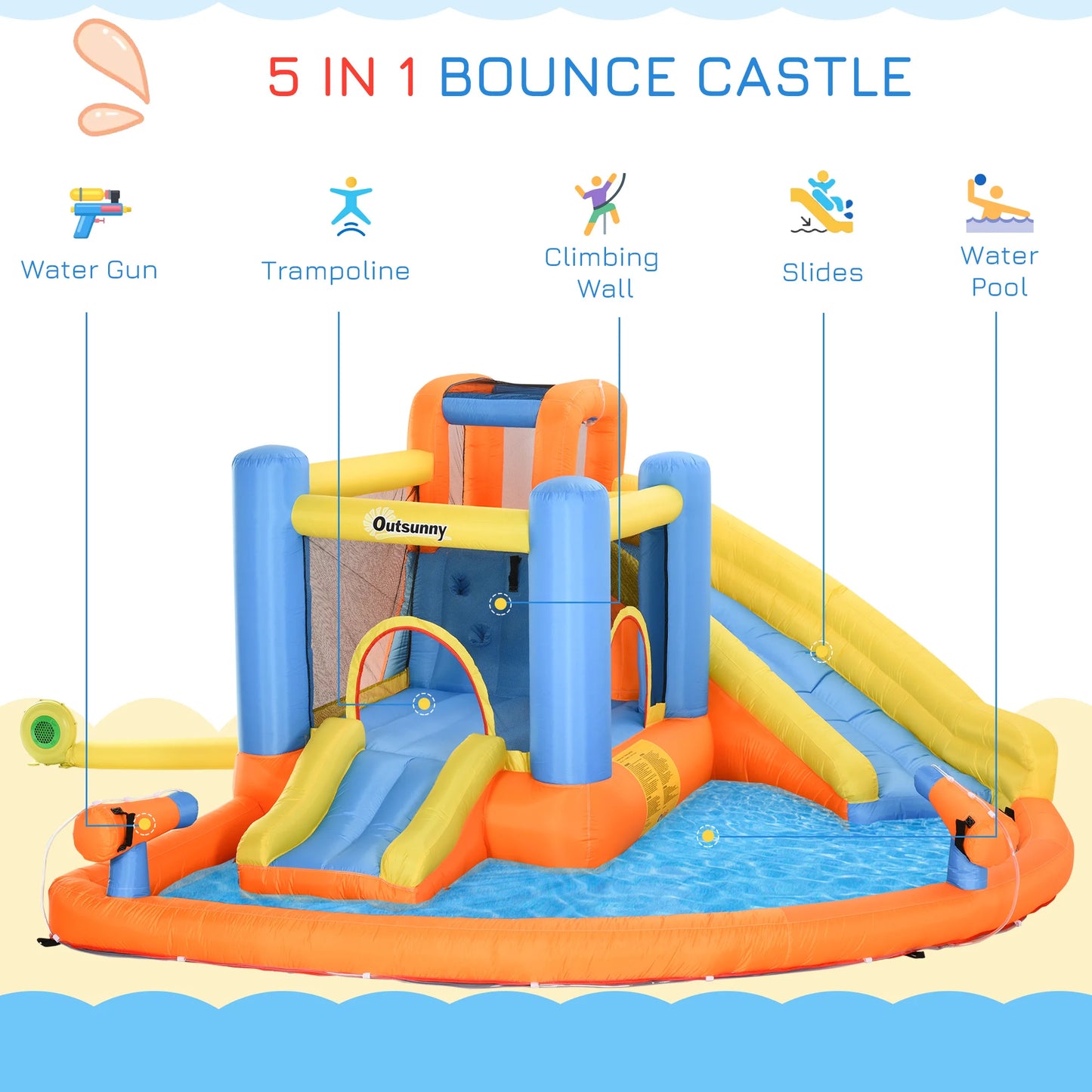 Inflatable slide water park trampoline bouncing house outdoor garden with sprinkler & Target games & Water gun & Ball