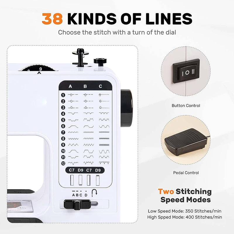 Mini Sewing Machine Portable Replaceable Presser Foot 38 Stitches Overlock Knitting Start Button Electric With Pedal Table