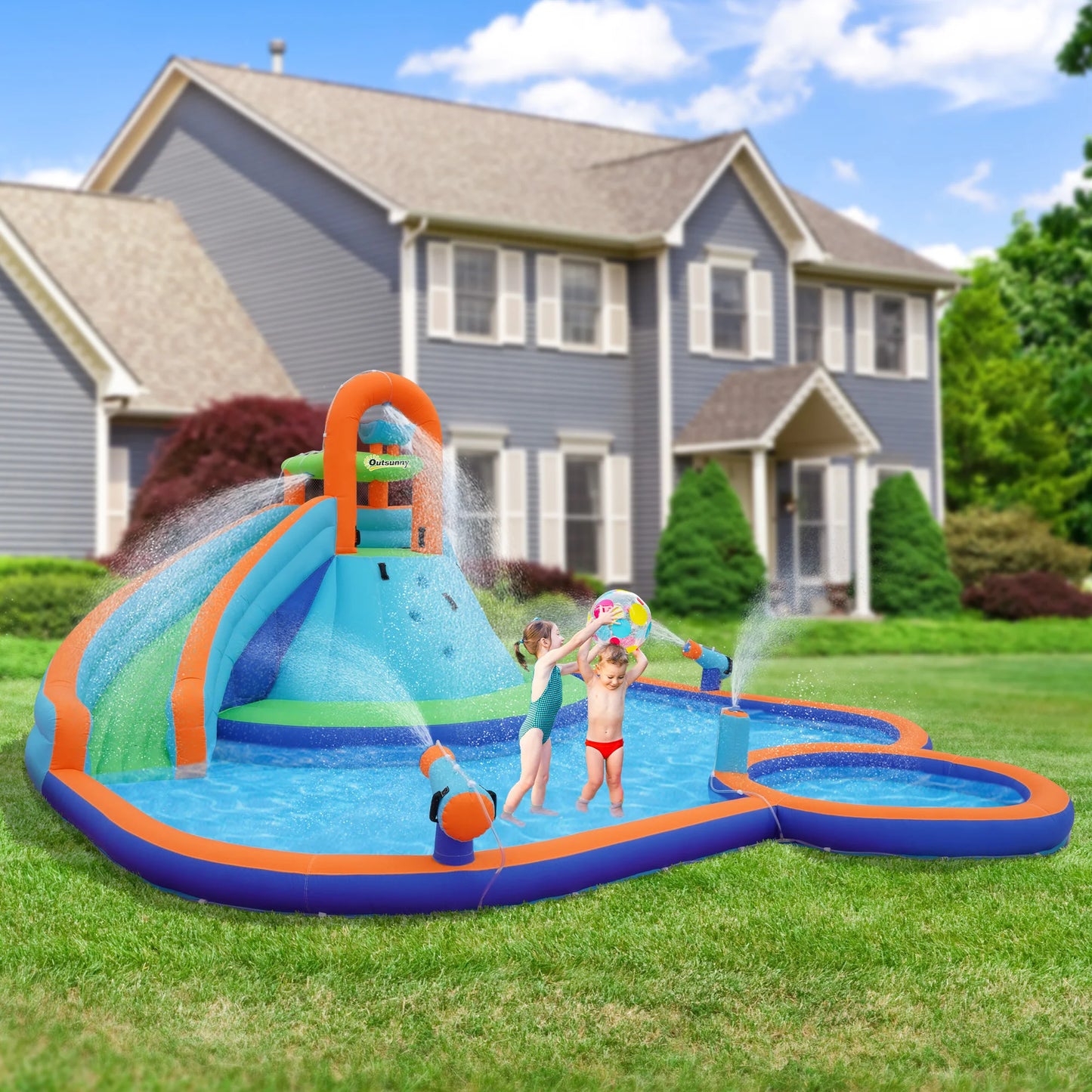 Inflatable slide water park trampoline bouncing house outdoor garden with sprinkler & Target games & Water gun & Ball