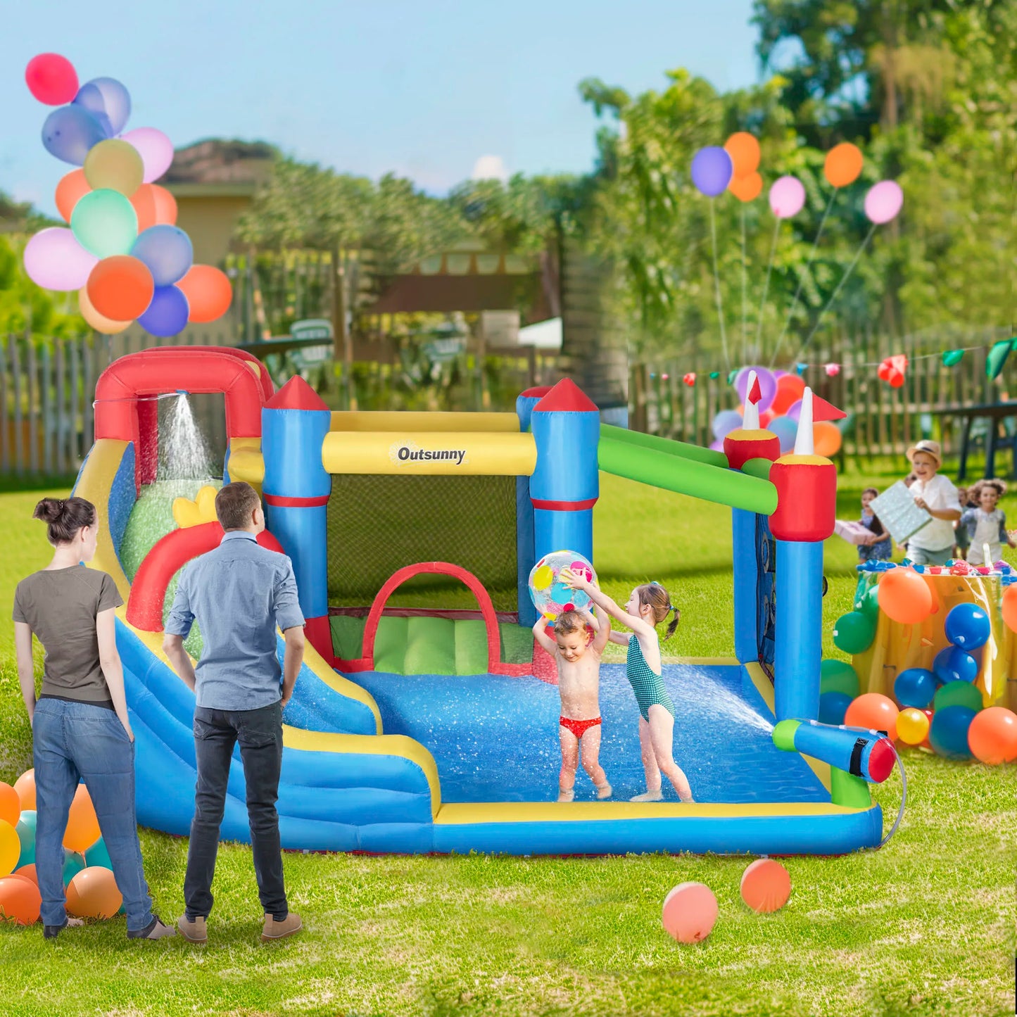 Inflatable slide water park trampoline bouncing house outdoor garden with sprinkler & Target games & Water gun & Ball