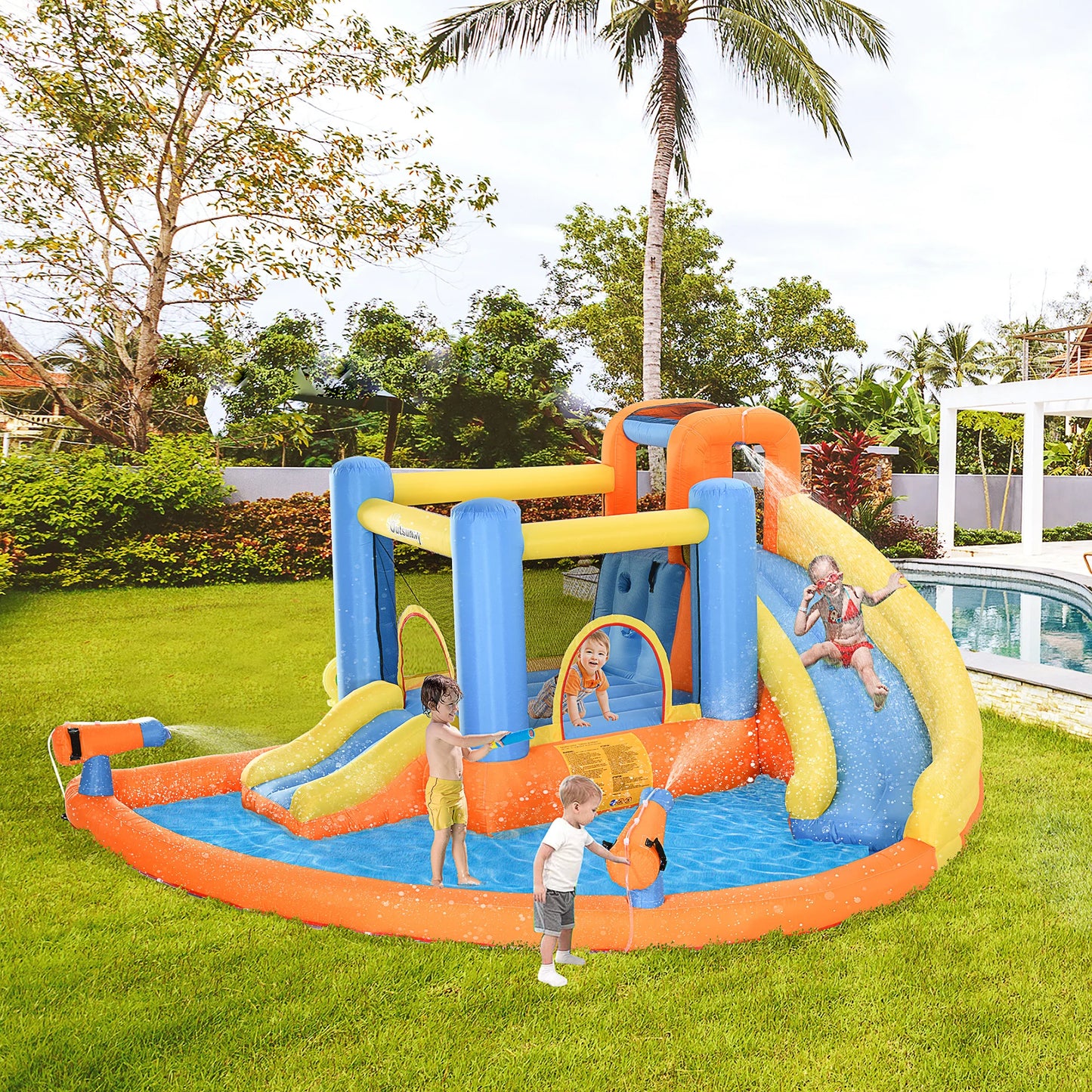 Inflatable slide water park trampoline bouncing house outdoor garden with sprinkler & Target games & Water gun & Ball
