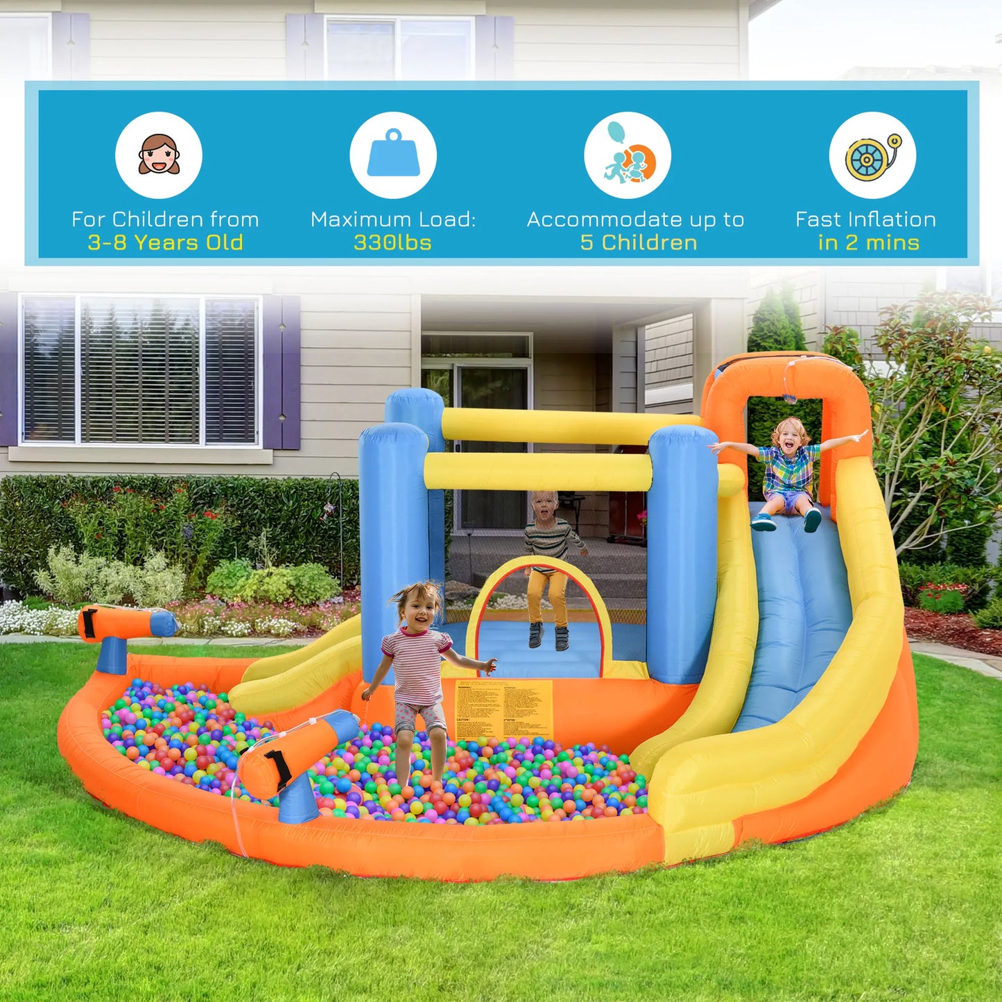 Inflatable slide water park trampoline bouncing house outdoor garden with sprinkler & Target games & Water gun & Ball