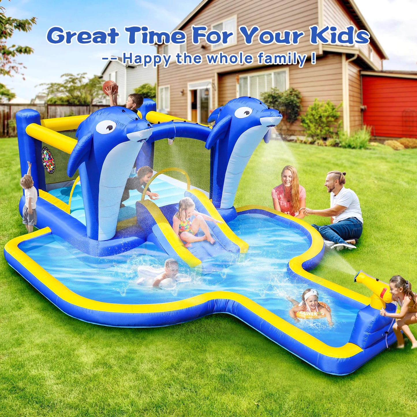Inflatable slide water park trampoline bouncing house outdoor garden with sprinkler & Target games & Water gun & Ball
