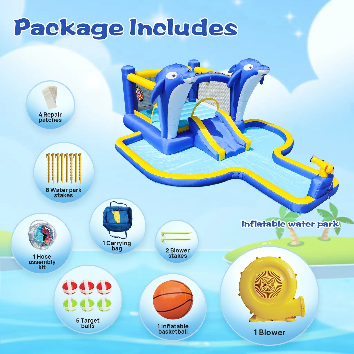 Inflatable slide water park trampoline bouncing house outdoor garden with sprinkler & Target games & Water gun & Ball