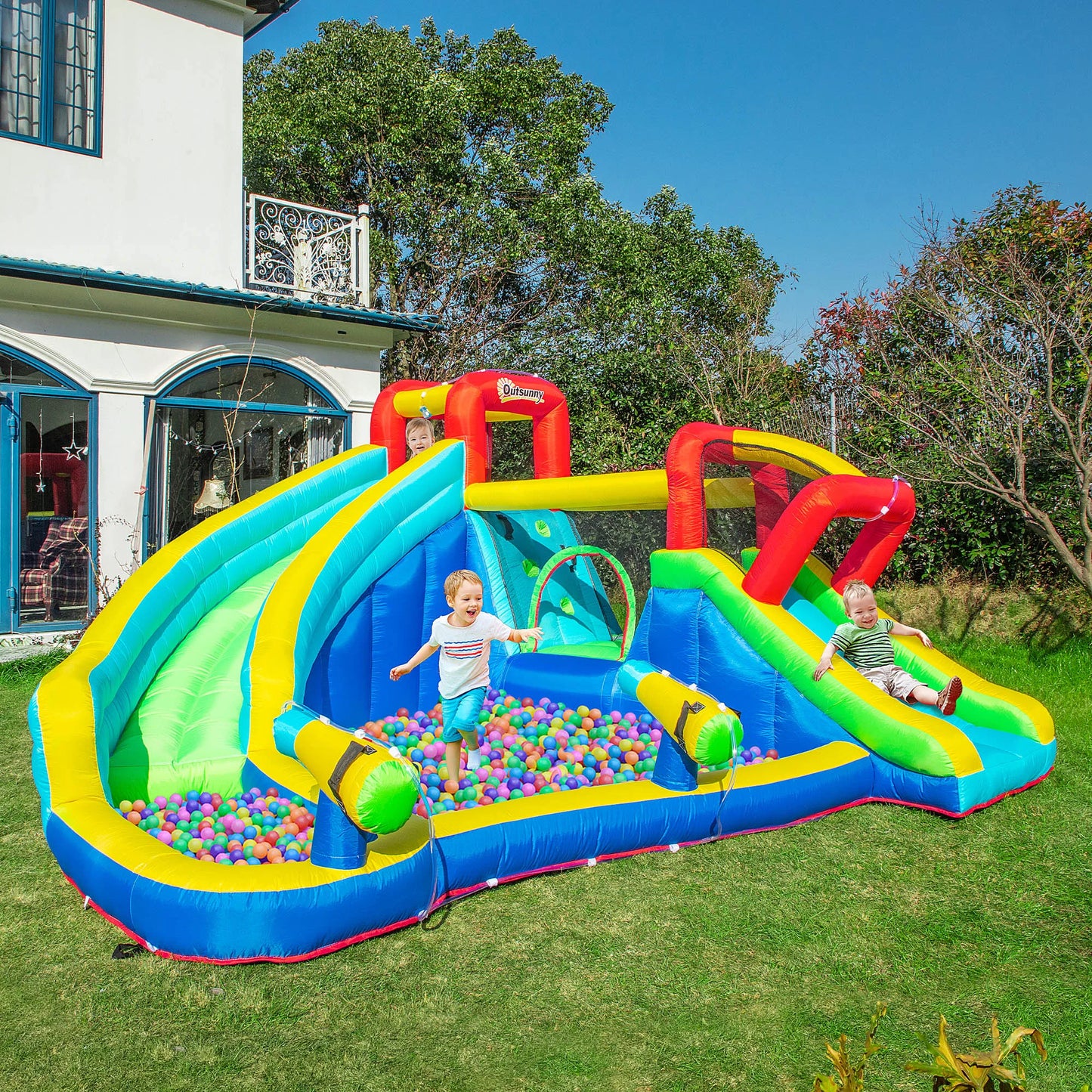 Inflatable slide water park trampoline bouncing house outdoor garden with sprinkler & Target games & Water gun & Ball