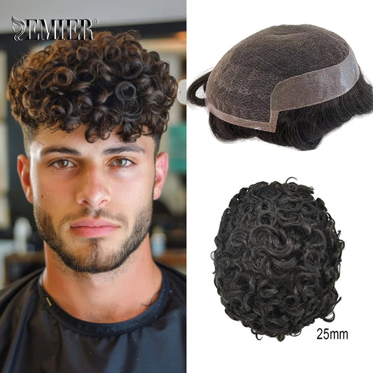 Lace Pu Toupee Hair Men 25mm Curly Wig Human Hair OCT French Lace Male Hair Prosthesis Natural Man Wig Hair System Wig For Men