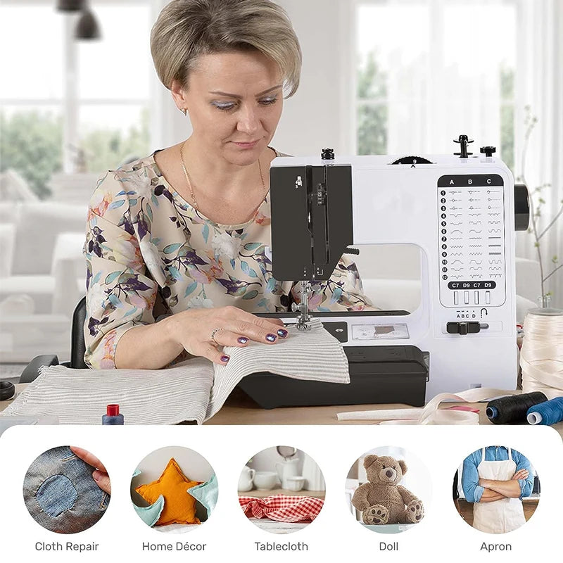Mini Sewing Machine Portable Replaceable Presser Foot 38 Stitches Overlock Knitting Start Button Electric With Pedal Table