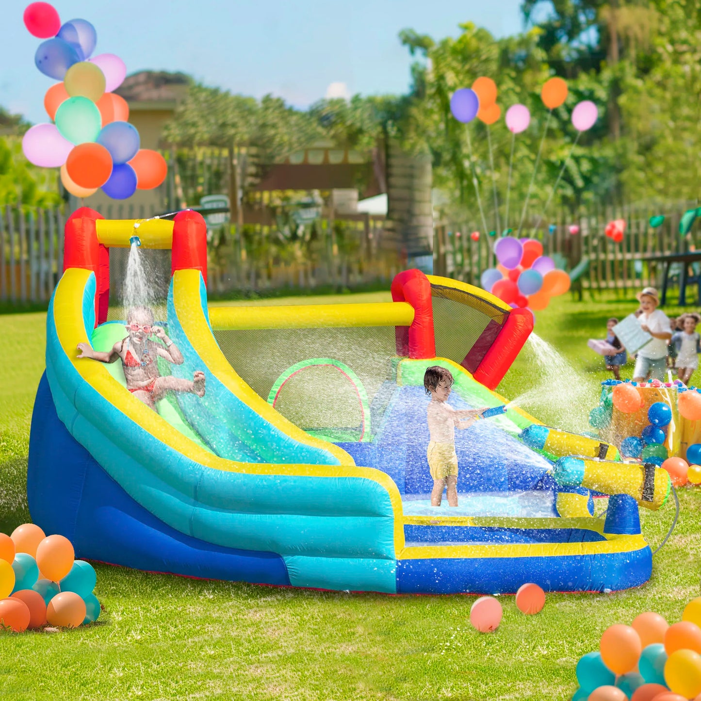 Inflatable slide water park trampoline bouncing house outdoor garden with sprinkler & Target games & Water gun & Ball