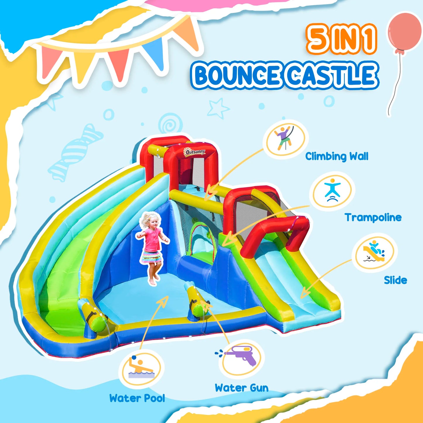 Inflatable slide water park trampoline bouncing house outdoor garden with sprinkler & Target games & Water gun & Ball