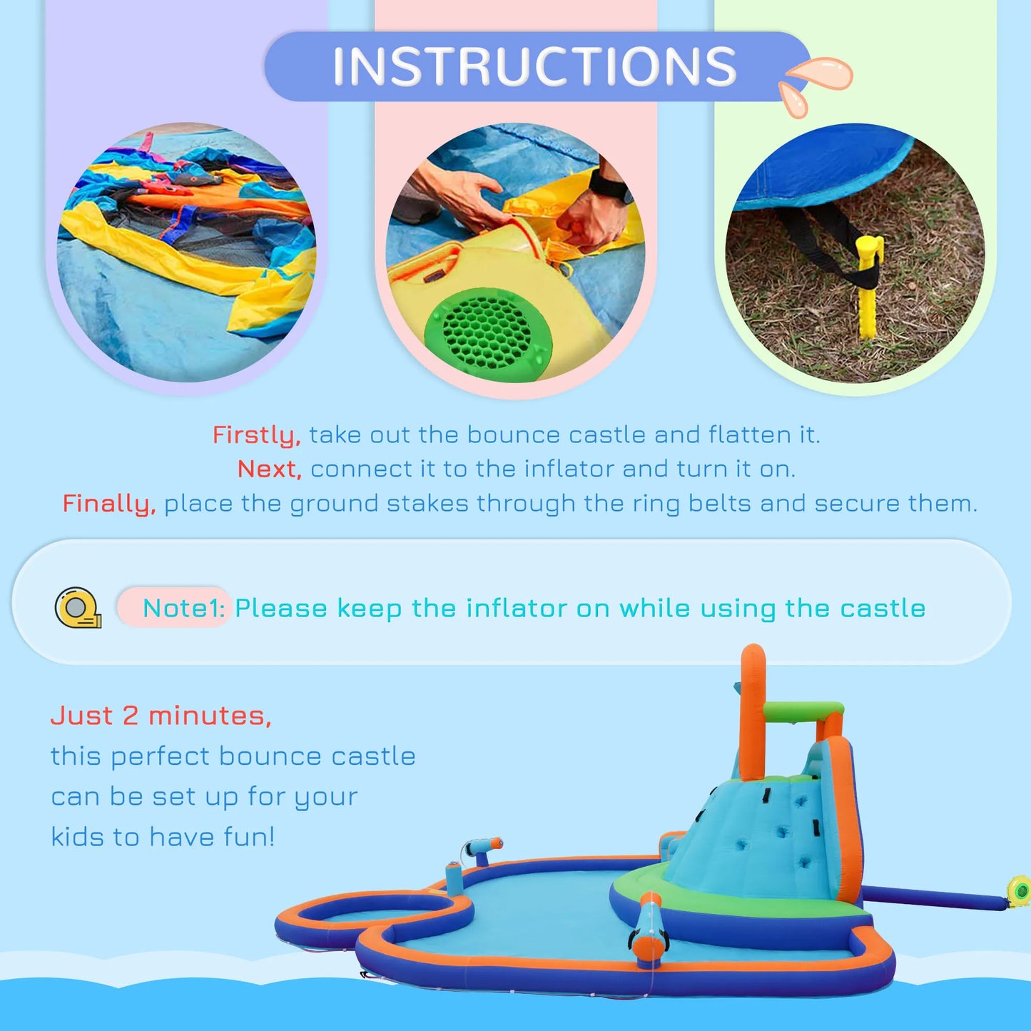Inflatable slide water park trampoline bouncing house outdoor garden with sprinkler & Target games & Water gun & Ball