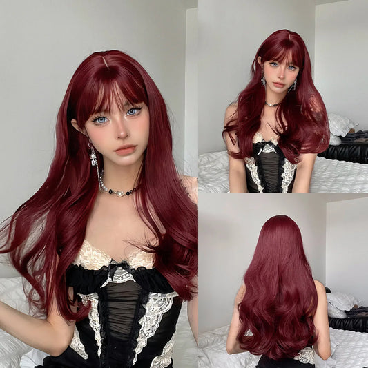 New Burgundy synthetic wig with bangs big waves long curly hair Cosplay party high temperature silk wig full head cover