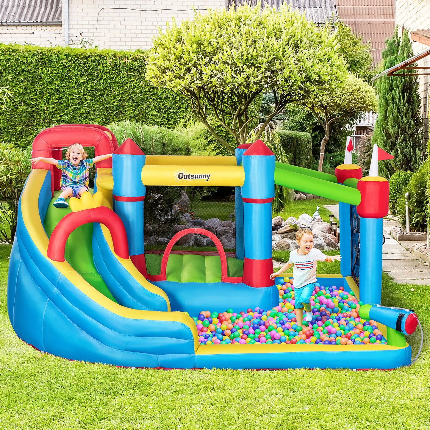 Inflatable slide water park trampoline bouncing house outdoor garden with sprinkler & Target games & Water gun & Ball
