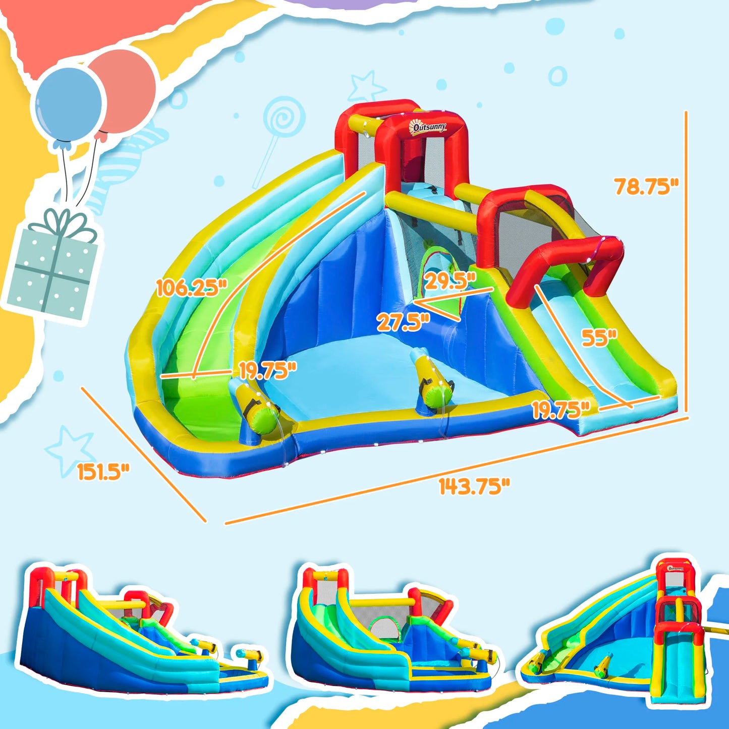 Inflatable slide water park trampoline bouncing house outdoor garden with sprinkler & Target games & Water gun & Ball