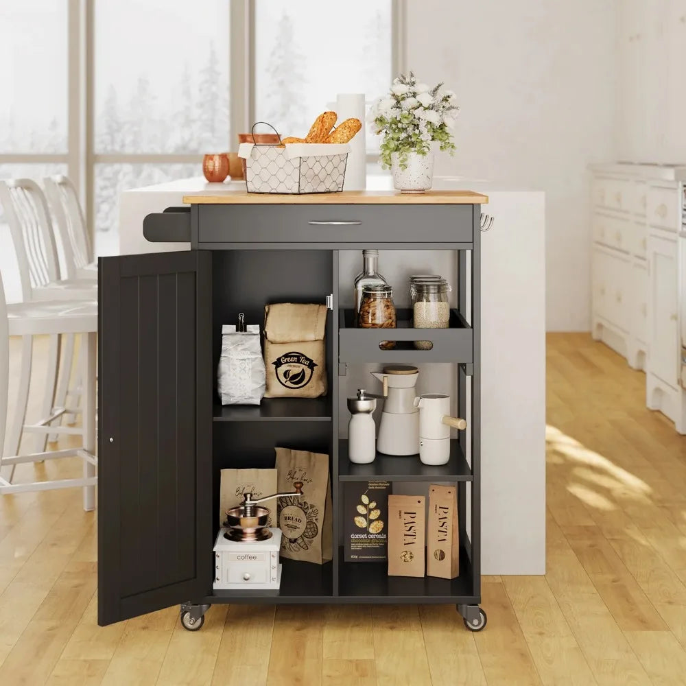 Kitchen Island Cart with Three-Tier Storage Rack, Microwave Cart with Removable Tray for Dining Room, Black
