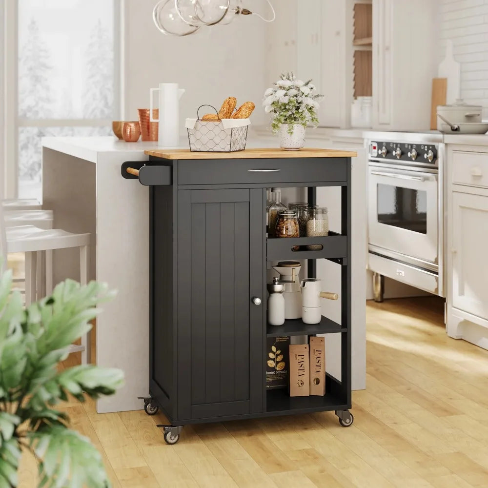 Kitchen Island Cart with Three-Tier Storage Rack, Microwave Cart with Removable Tray for Dining Room, Black